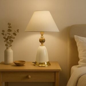 BENE Labis Modern Indoor Table Lamp | Premium Home Decor Cream and Gold Bedside Desk lamp for Living Room Bedroom Dining, Restaurant, Farmhouse Nightstand Study Lamps 26 CM, Shade (Ivory)
