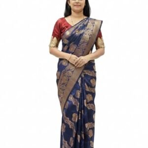 Traditional Banarasi Soft Silk Saree, Navy Blue with Golden Zari Work, Ethnic Wear