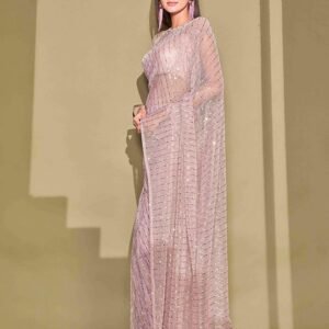 Womanista Women's Foil Embellished Lycra Ready to Wear Pink Saree With Un-stitched blouse