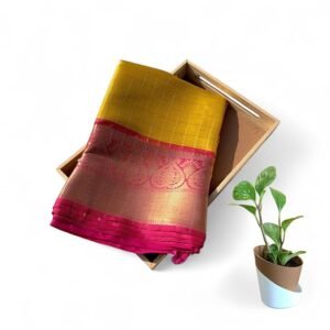 Gadwal Silk Saree, Yellow with Pink Contrast Border, Gold Zari Woven, Checkered Design Pattern
