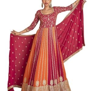 Miss Ethnik Women's Pink Chinon Stitched Gown with Dupatta 3/4 Sleeve Embroidered Anarkali Gown (ME-1231)