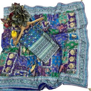 MUNIR Women's Soft Chinon Silk Kalamkari Printed Saree with Mirror Work & Hand Embroidery, Multi Color Designer Saree with Blouse Piece