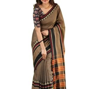 Traditional Cotton Khadi Handloom Saree, Brown with Geometric Border, Cotton Blend, Traditional Style, Rahina Model, Formal Wear
