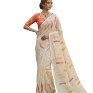 RADHIKA SAREES Pure Linen Cotton Paint Saree with Cotton Handwork Blouse, Lemonish White, Floral Embroidery