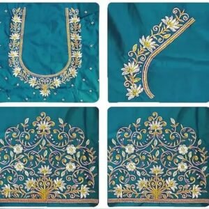 Traditional Embroidered Maggam Work Blouse Fabric, Teal Green Silk, U-Neck Design with Gold and Silver Thread Work, 1 Meter