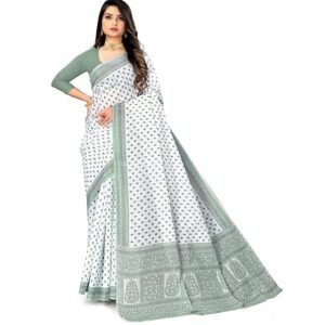 RATAN Pure Cotton Printed Mulmul Saree for Women without Blouse Piece (White)