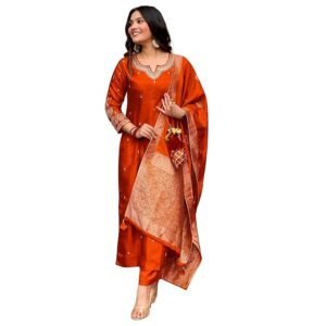 Women Straight Kurta Set with Pant & Jacquard Dupatta | Embroidery Work | Roman Silk | Notch Neck | 3/4 Sleeve | Knee Length | Festive & Occasional Wear