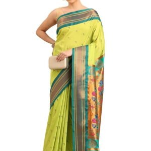 Paithani Saree, Silk Blend 5.5 Meter Traditional Maharashtrian Saree with Copper Zari Border, Peacock Pallu & Unstitched Blouse