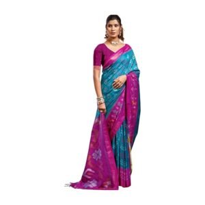 Shiv Textiles Women's Pochampalli Silk Ikat Print & Woven Design Saree(AUS-ASPOC1001-YELLOW-RED-P)