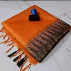 STB-SILK TEXTILES BHAGALPUR Women's Semi Tussar Silk Temple Border Saree With Stripe Blouse Attached, Color & Variations.