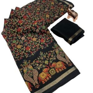 Tussar Silk Saree Beautiful Kashmiri Flower Print Zari Weaving Border And Pallu With Blouse Piece