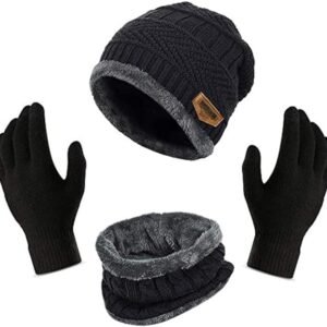 Winter Knit Beanie Cap Hat Neck Warmer Scarf and Woolen Gloves Set Skull Cap for Men Women - Winterwear Combo Set of Woolen Cap Scarf and Gloves